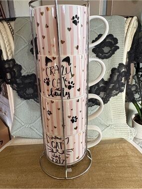 4 Stackable Cat Coffee Mugs w/ Metal Rack Holder Cute Cat Print Mug Set